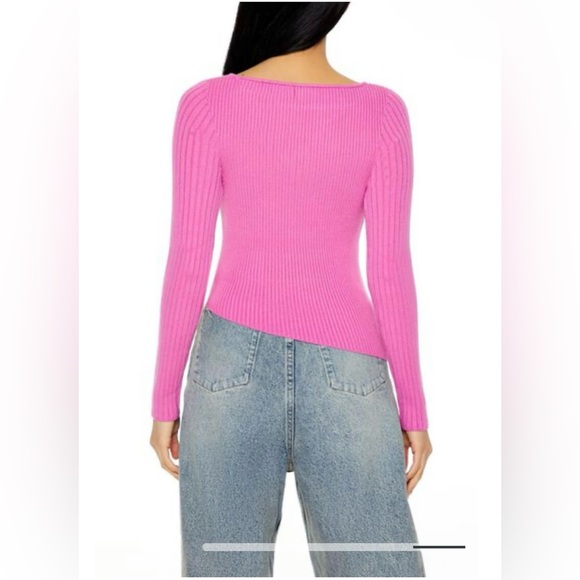 FOREVER21 NWT Bright Pink Square Neck Asymmetrical Ribbed Knit Sweater Shirt M - Picture 4 of 16